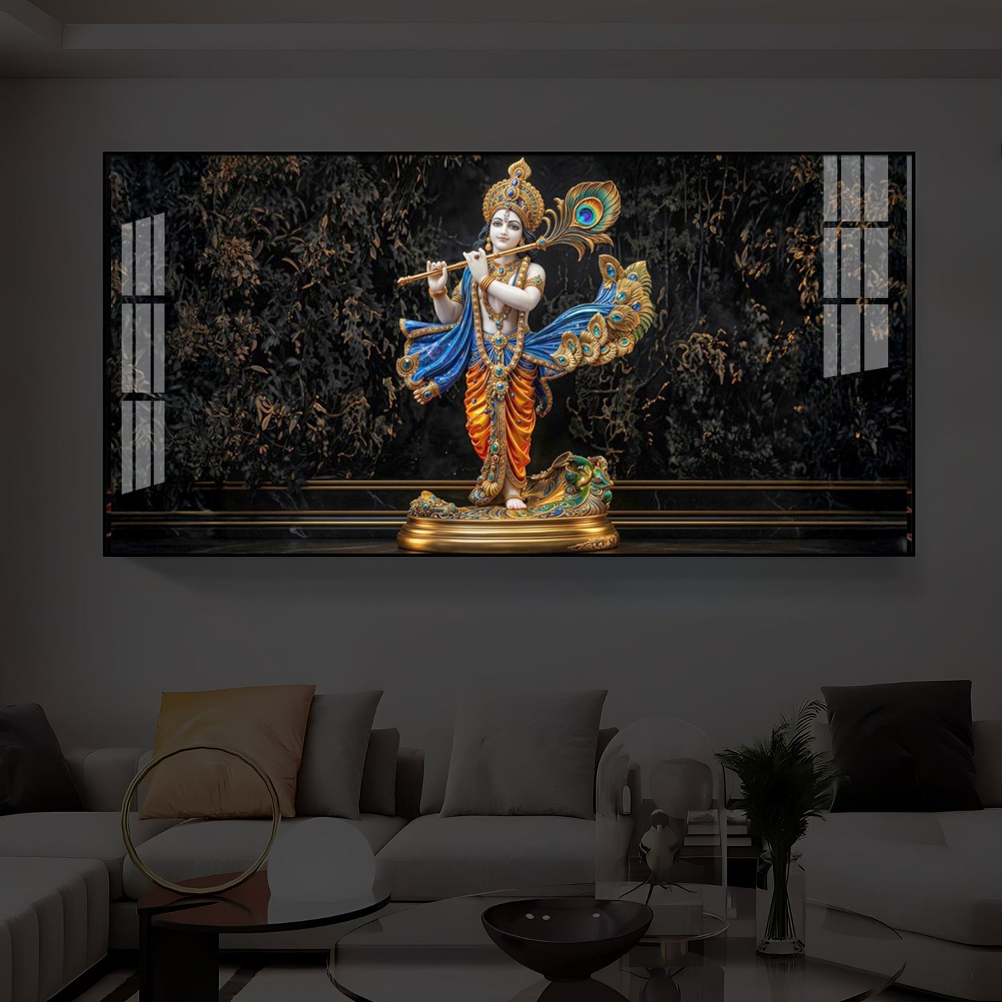 Lord Krishna With Flute Modern Luxury Backlight Horizontal Wall Art