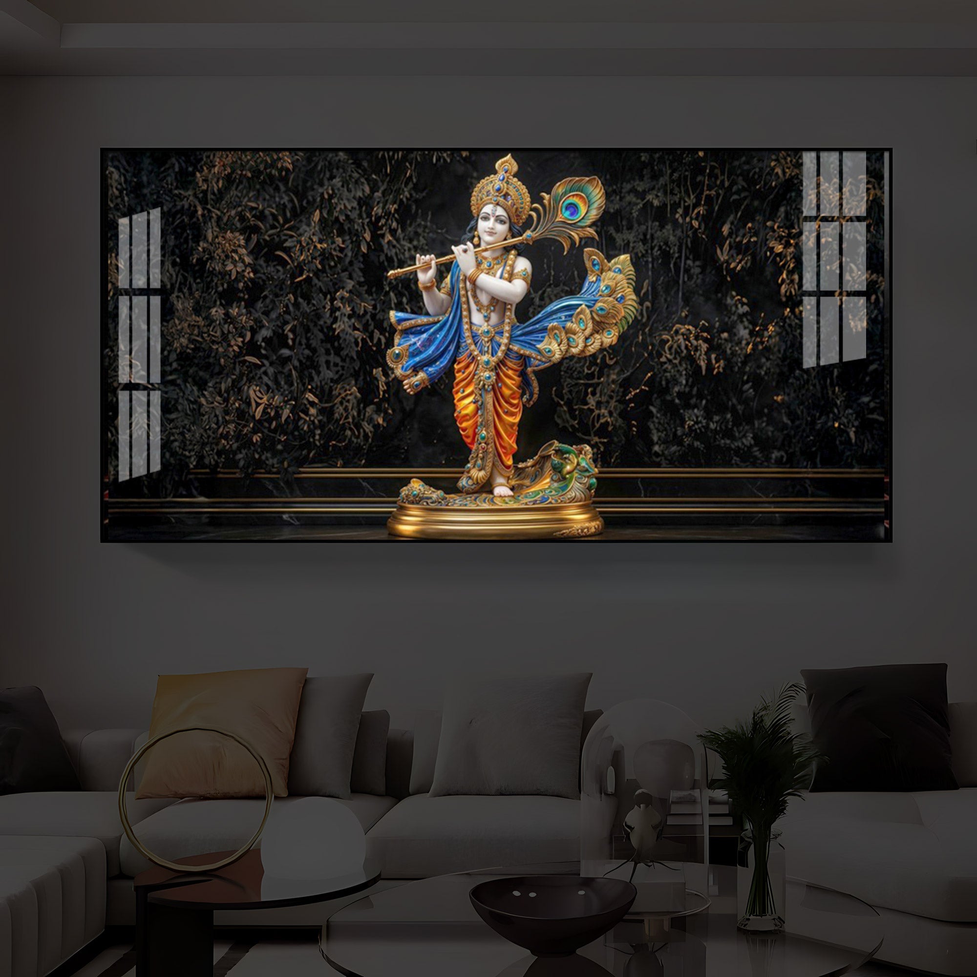 Lord Krishna With Flute Modern Luxury Backlight Horizontal Wall Art