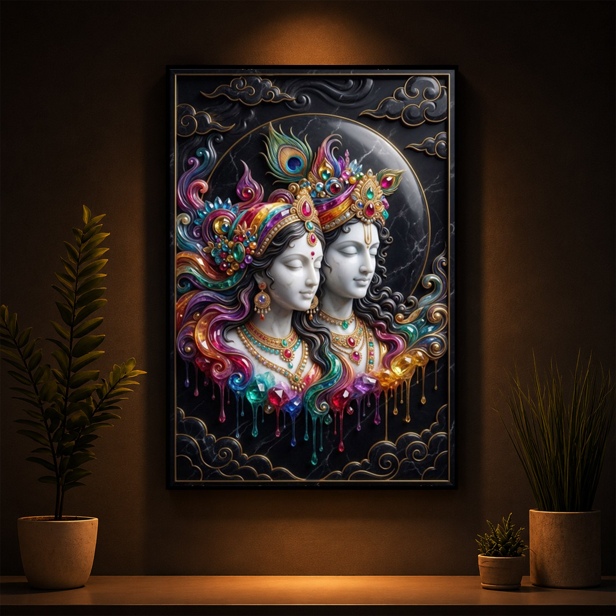 Shri Radha Krishna Modern Luxury Backlight Vertical Wall Art