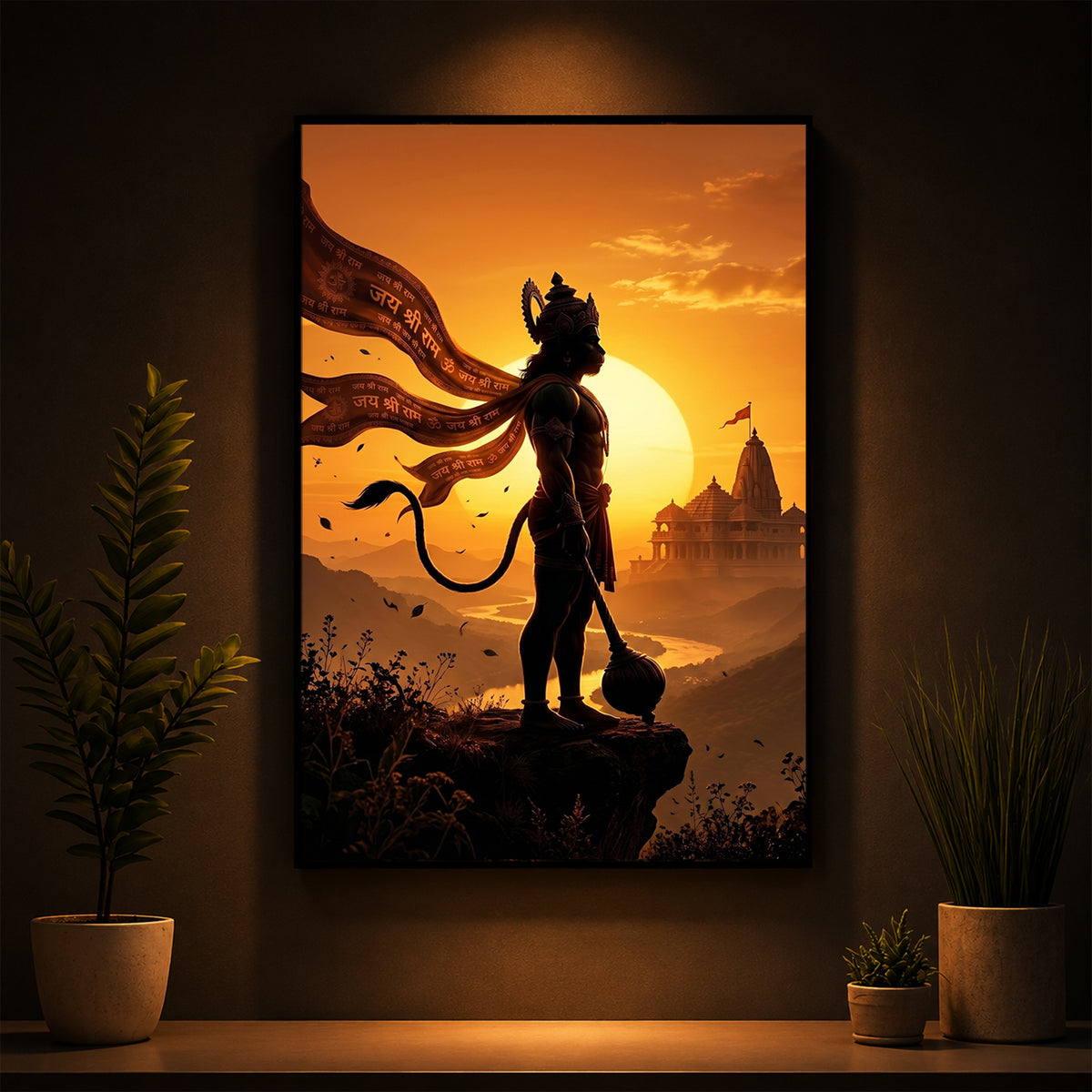 Lord Hanuman With Sunrise Modern Luxury Backlight Vertical Wall Art