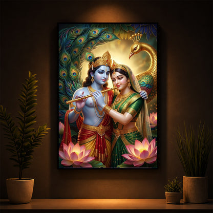 Depiction Of Radha Krishna Modern Luxury Backlight Vertical Wall Art