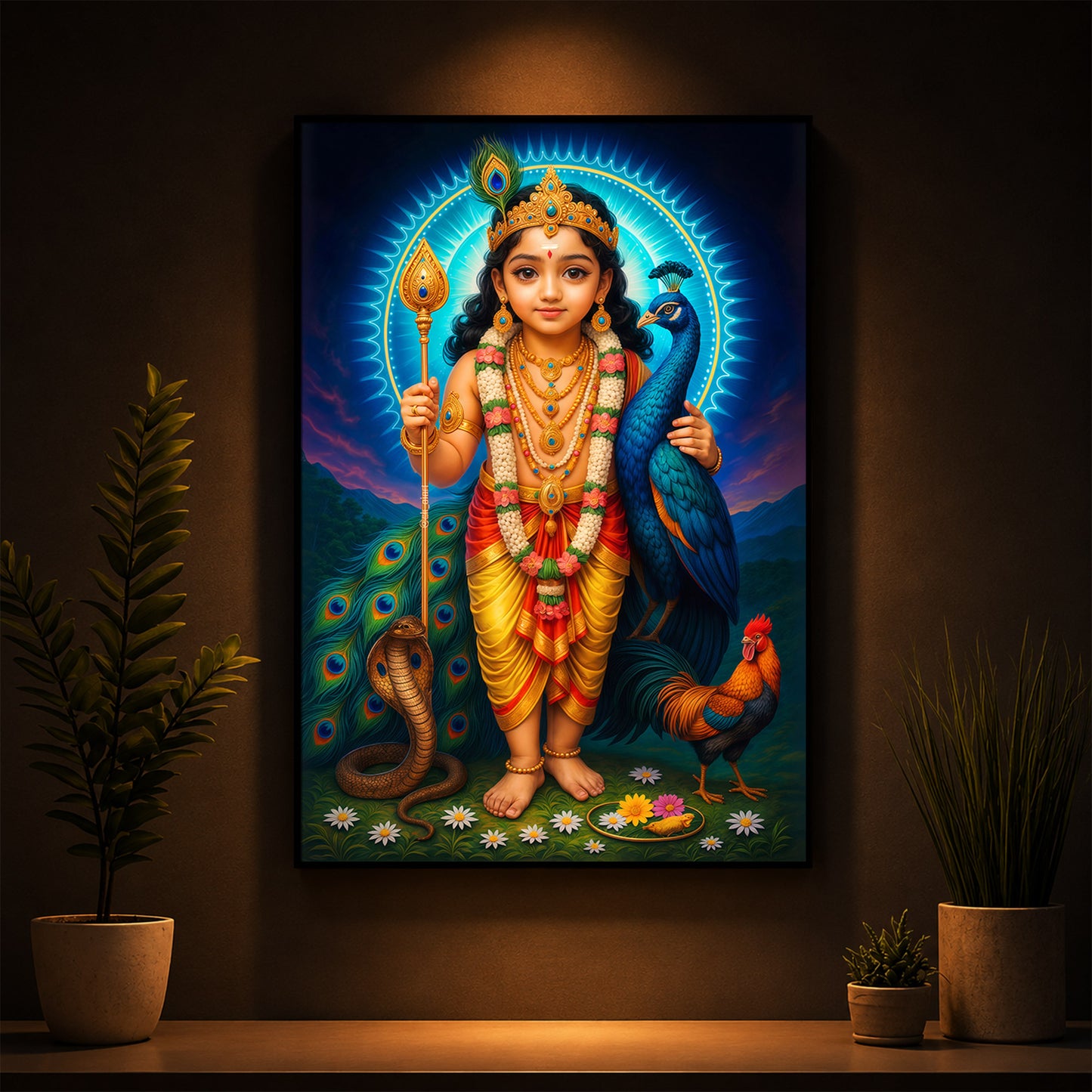 Lord Murugan Ji Modern Luxury Backlight Vertical Wall Art