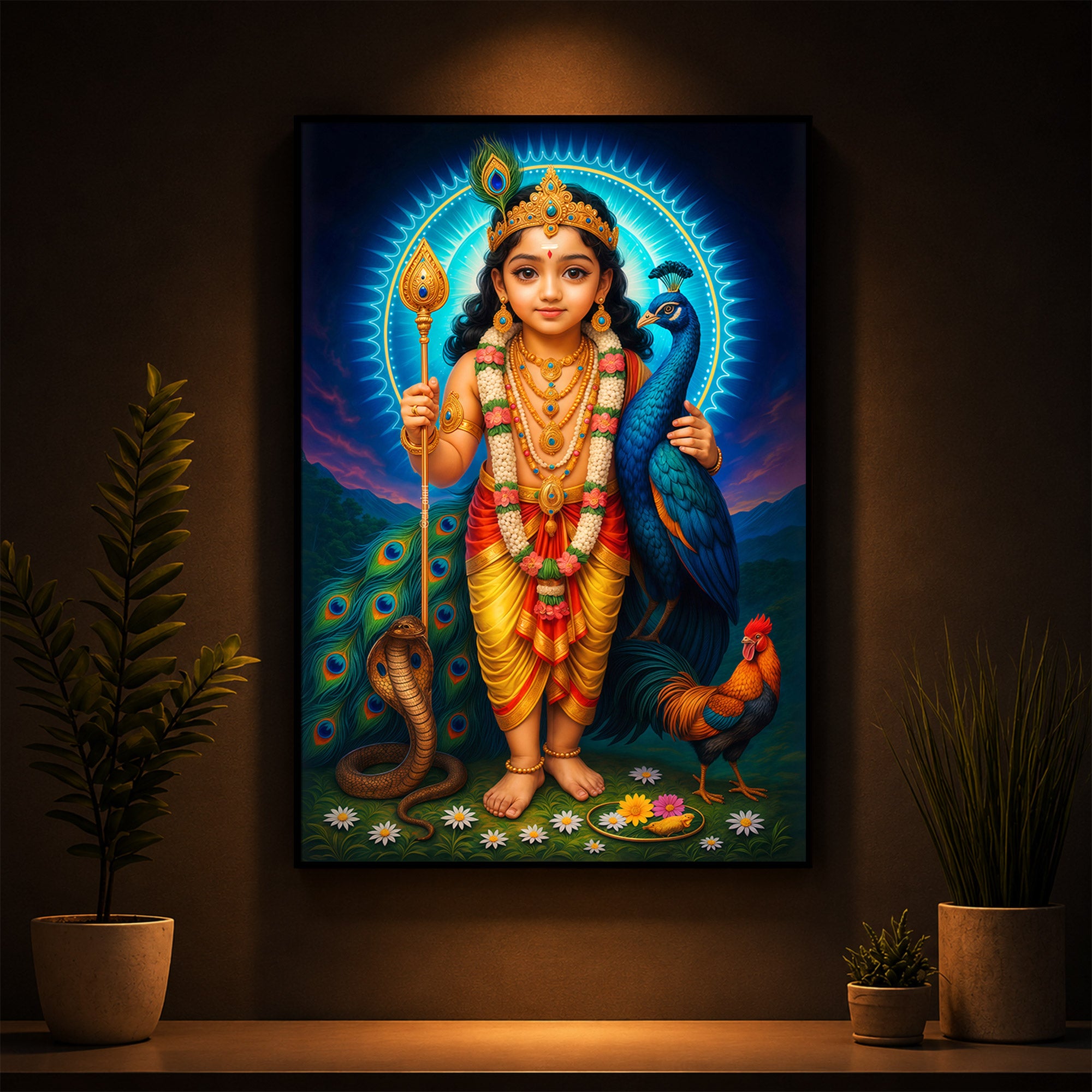Lord Murugan Ji Modern Luxury Backlight Vertical Wall Art