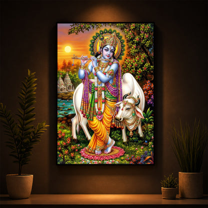 Lord Krishna Playing The Flute Modern Luxury Backlight Vertical Wall Art