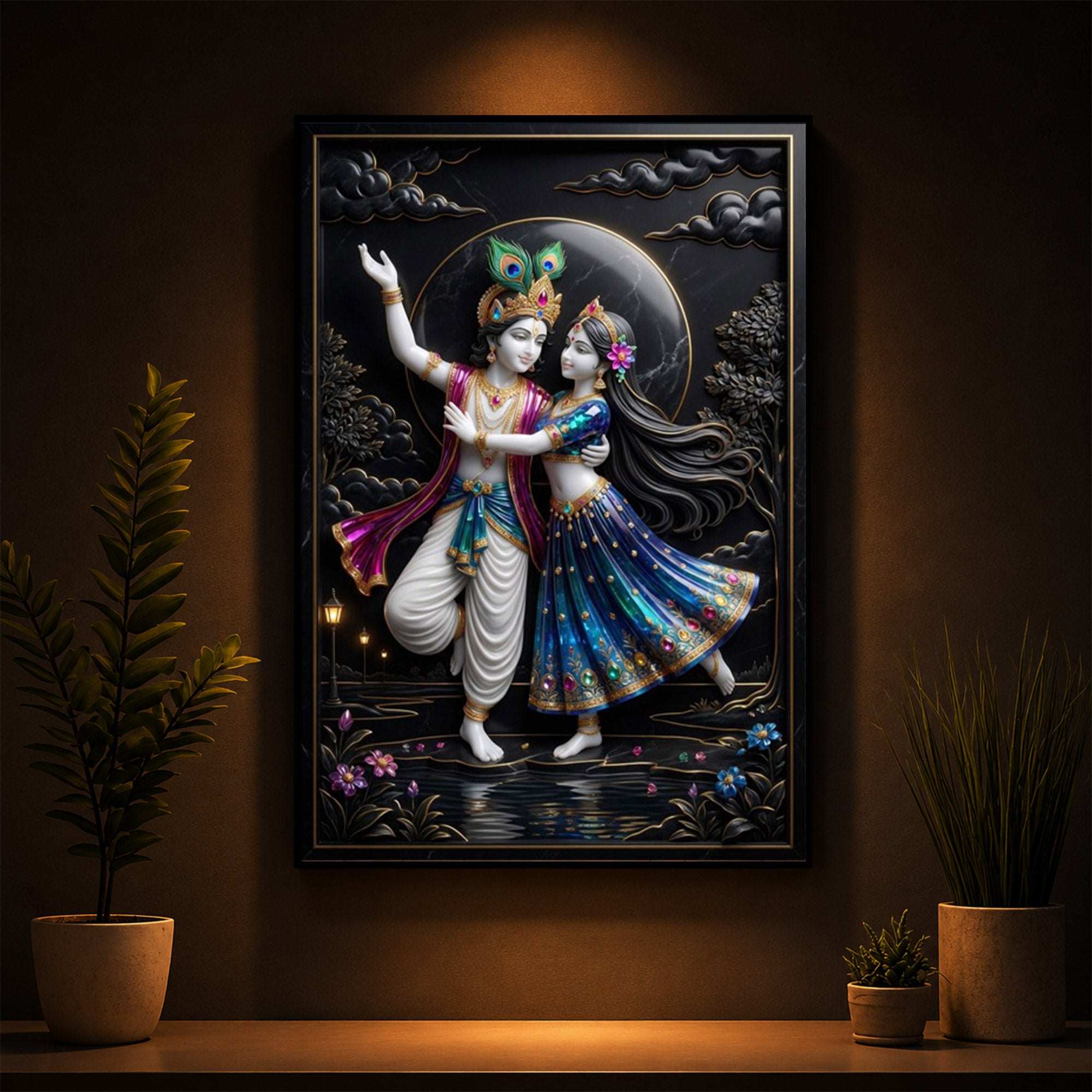 Radha Krishna Dancing Together Modern Luxury Backlight Vertical Wall Art