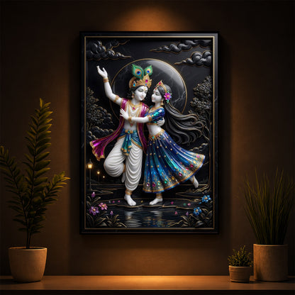 Radha Krishna Dancing Together Modern Luxury Backlight Vertical Wall Art
