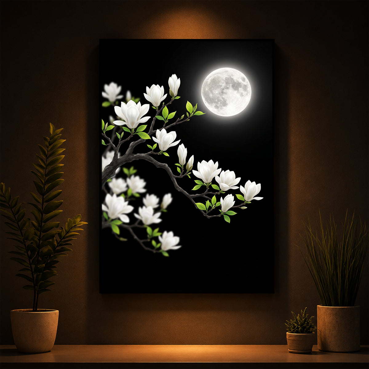 Moonlit White Magnolia Modern Luxury Backlight Vertical Wall Art