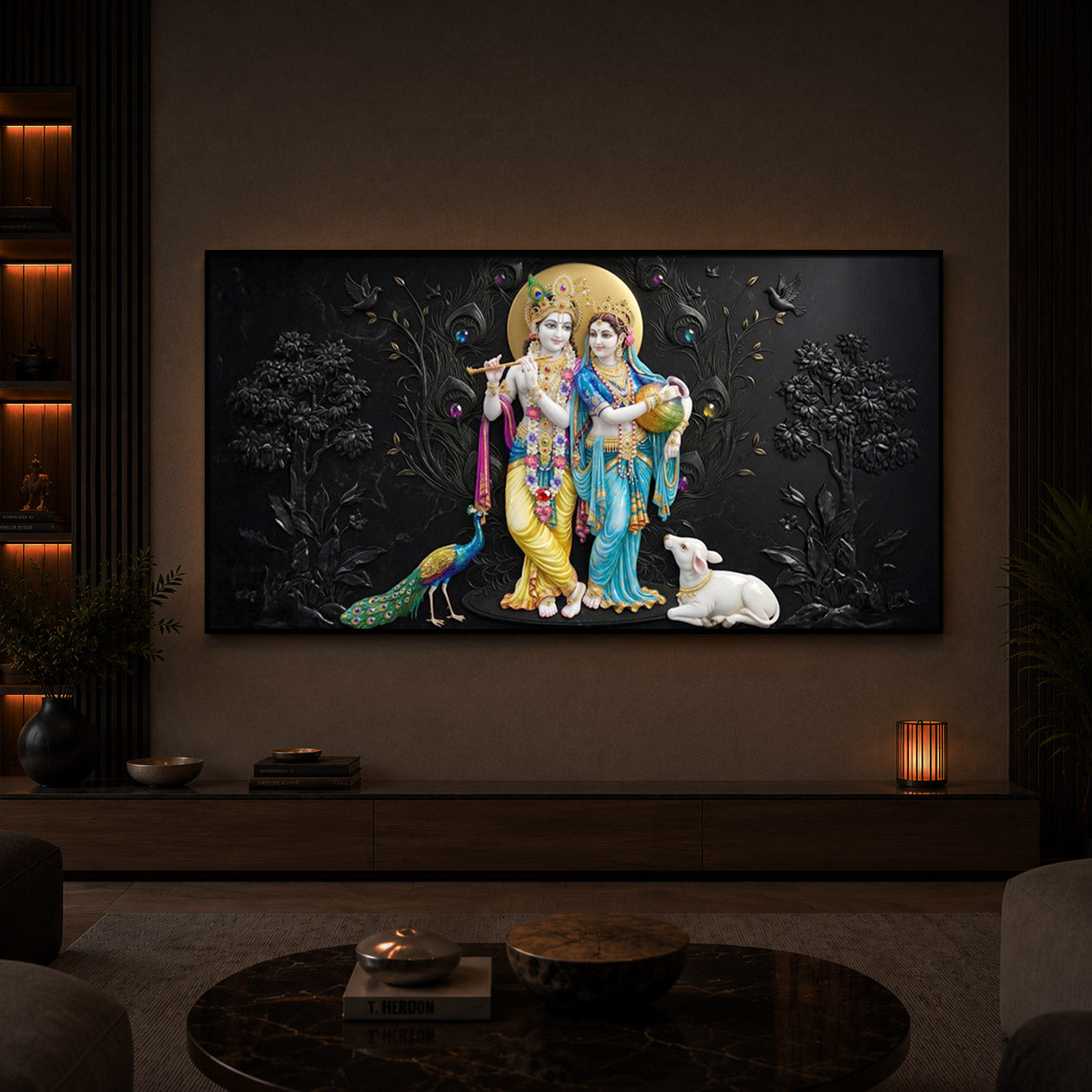 Depicting Radha Krishna Modern Luxury Backlight Horizontal Wall Art