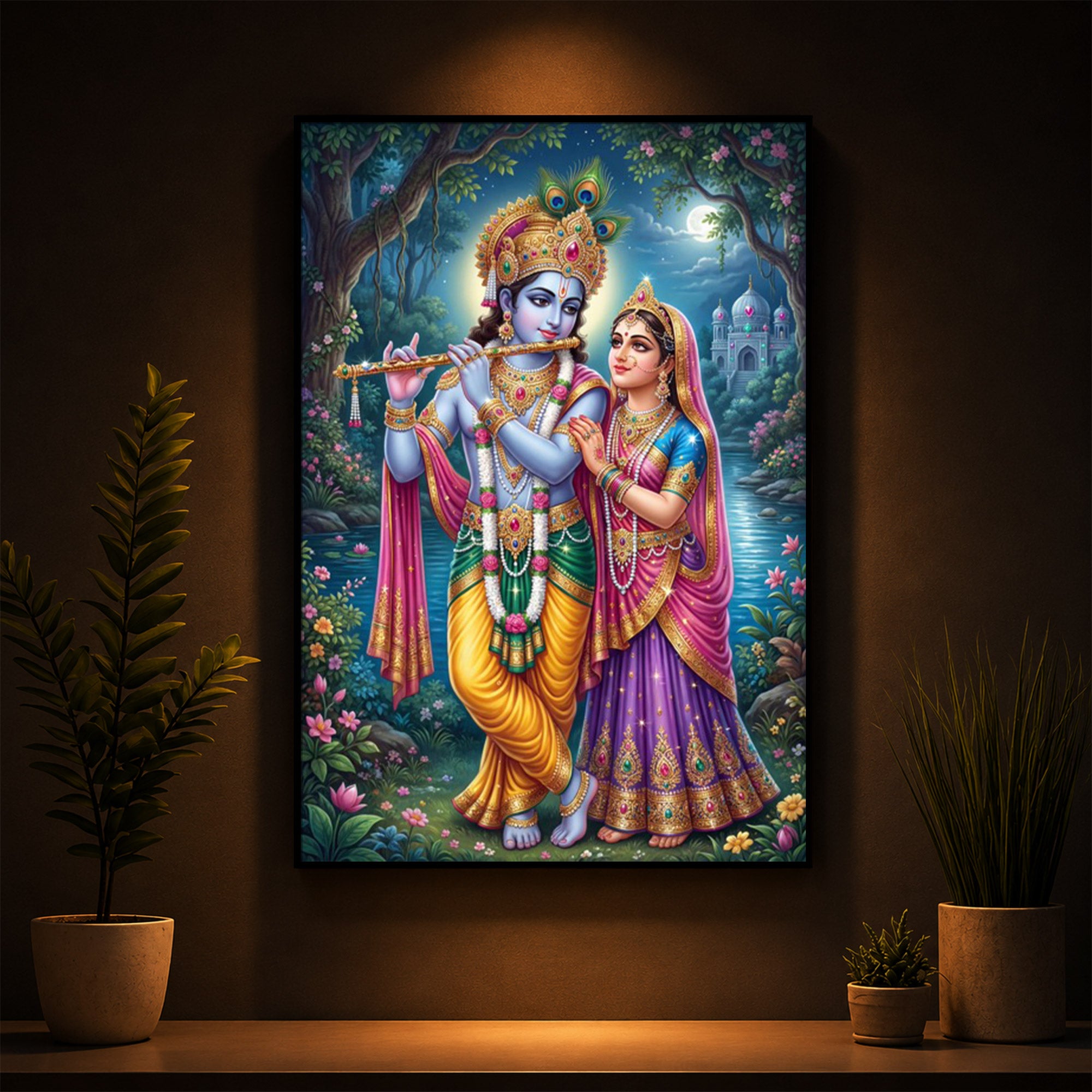 Hindu Deities Radha and Krishna Modern Luxury Backlight Vertical Wall Art