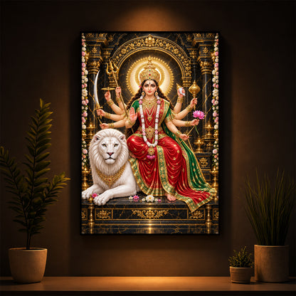 Maa Durga With White Lion Modern Luxury Backlight Vertical Wall Art