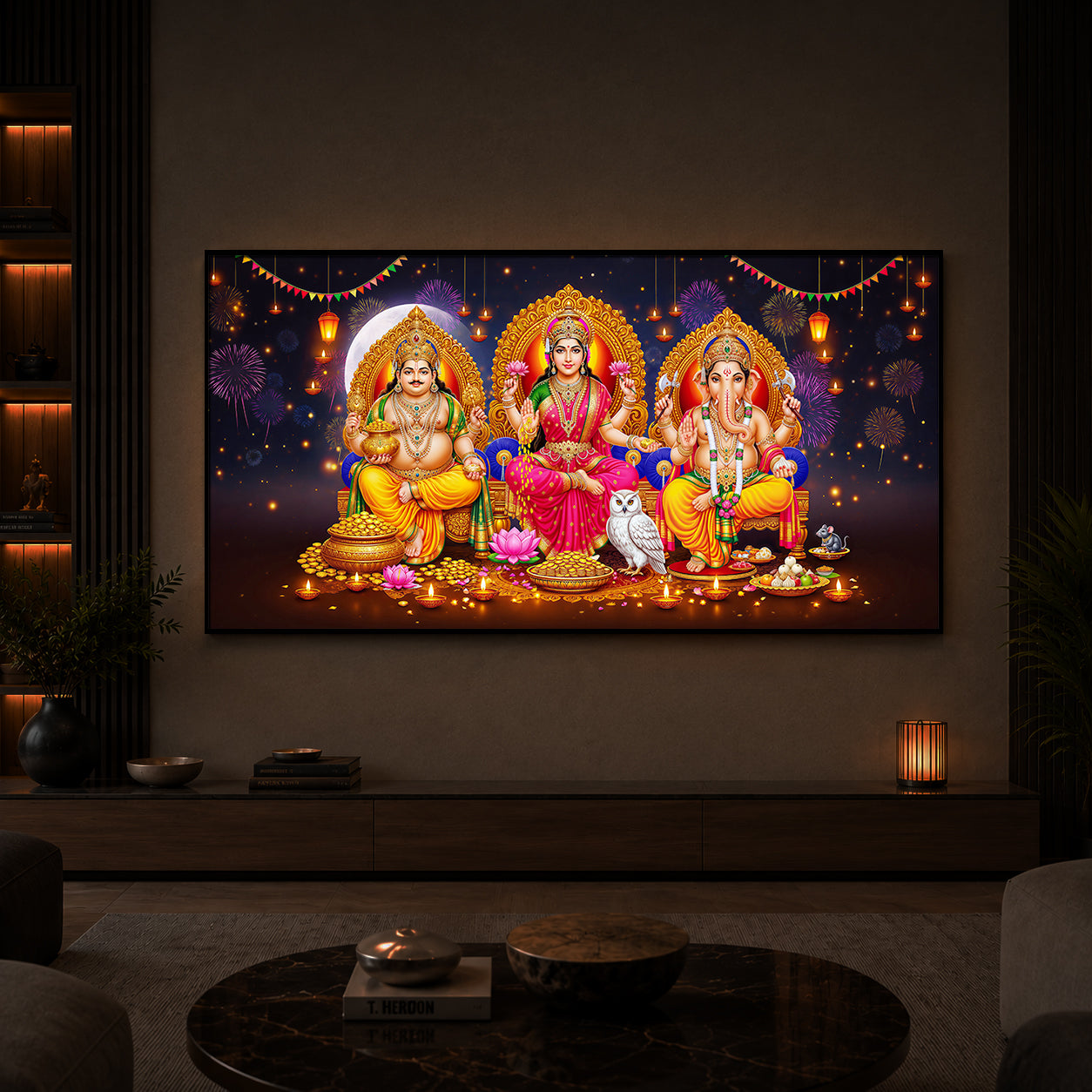 Lord Kubera,Goddess Lakshmi & Lord Ganesha Modern Luxury Backlight Horizontal Wall Art