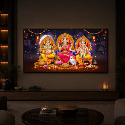 Lord Kubera,Goddess Lakshmi & Lord Ganesha Modern Luxury Backlight Horizontal Wall Art