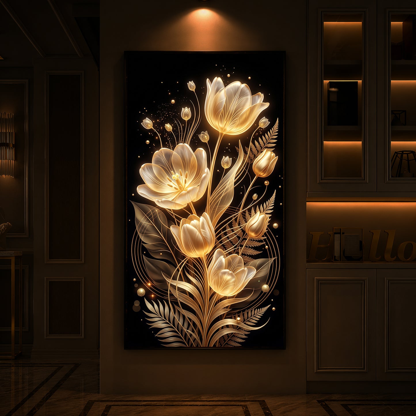 Golden Luminous Tulip Modern Luxury Backlight Vertical Wall Art