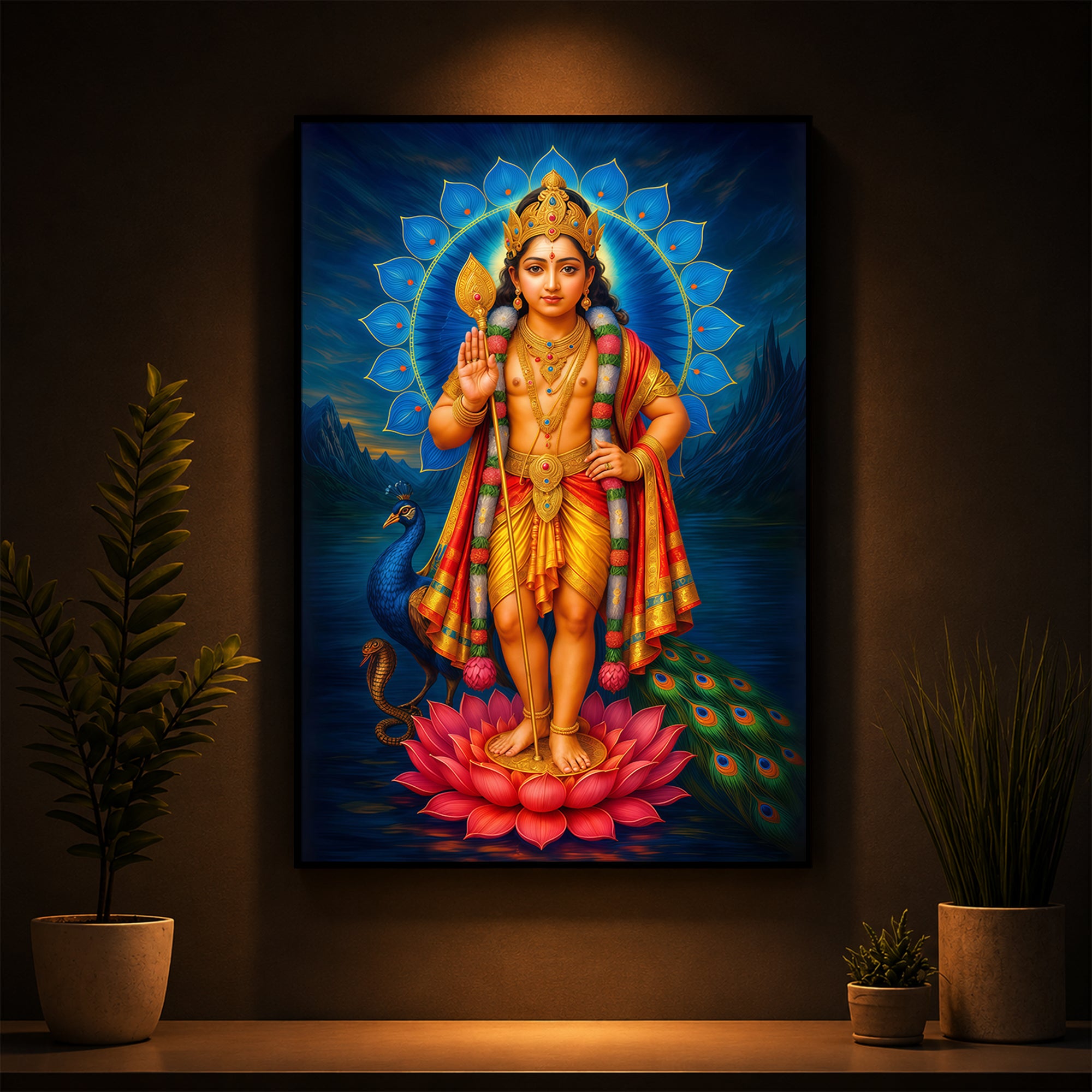 Sri Murugan Ji Modern Luxury Backlight Vertical Wall Art