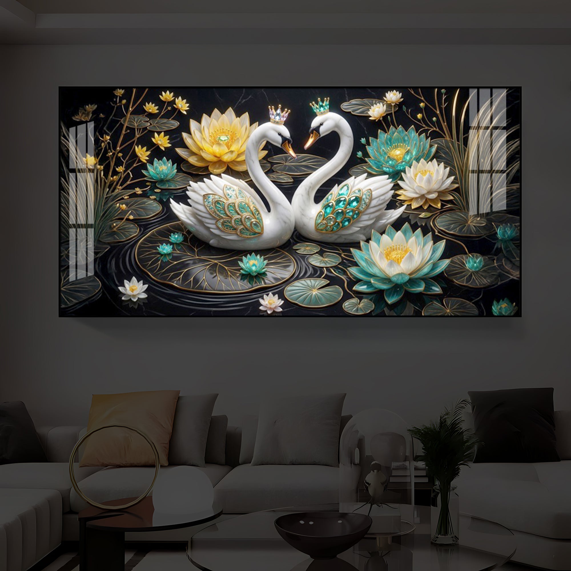 Pair Of White Swans Modern Luxury Backlight Horizontal Wall Art