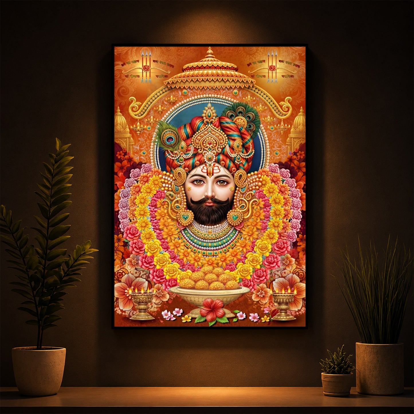 Hindu deity Khatu Shyam Ji Modern Luxury Backlight Vertical Wall Art