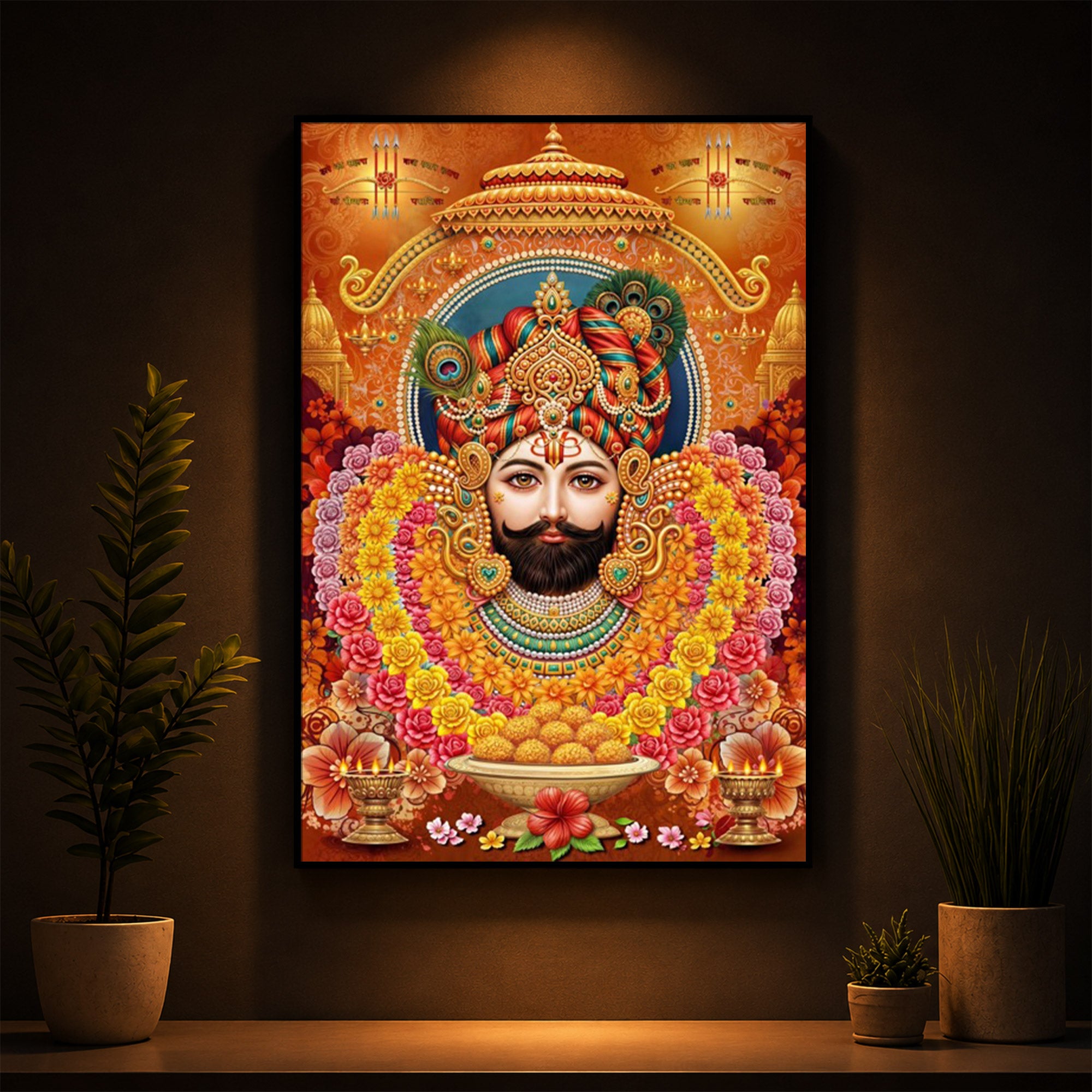 Hindu deity Khatu Shyam Ji Modern Luxury Backlight Vertical Wall Art