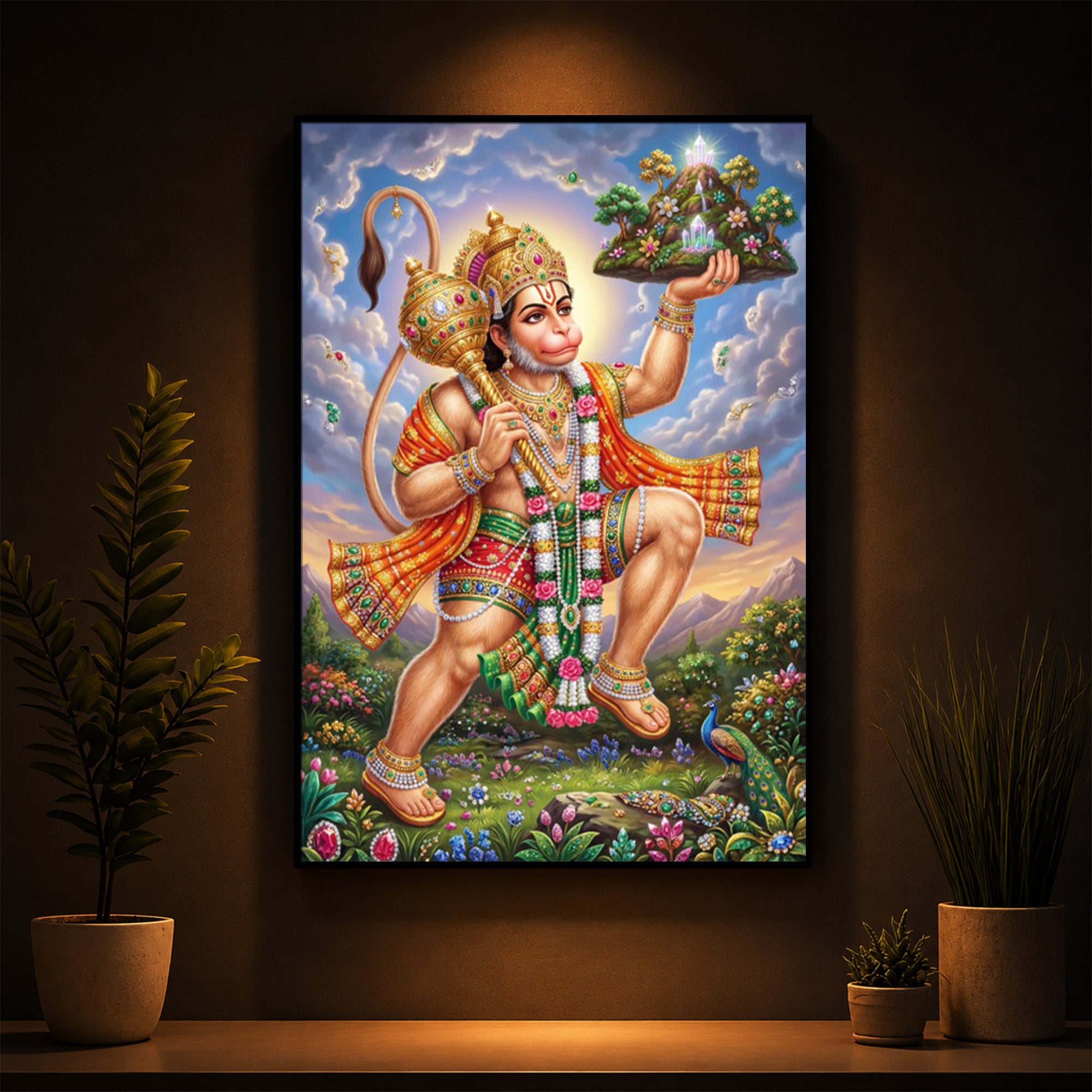 Lord Hanuman Carries The Mountain Modern Luxury Backlight Vertical Wall Art