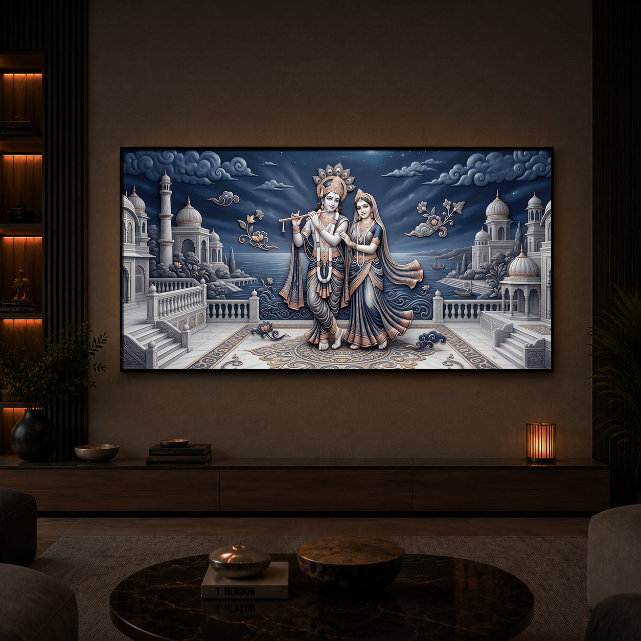 Divine Radha Krishna With Flute Modern Luxury Backlight Horizontal Wall Art