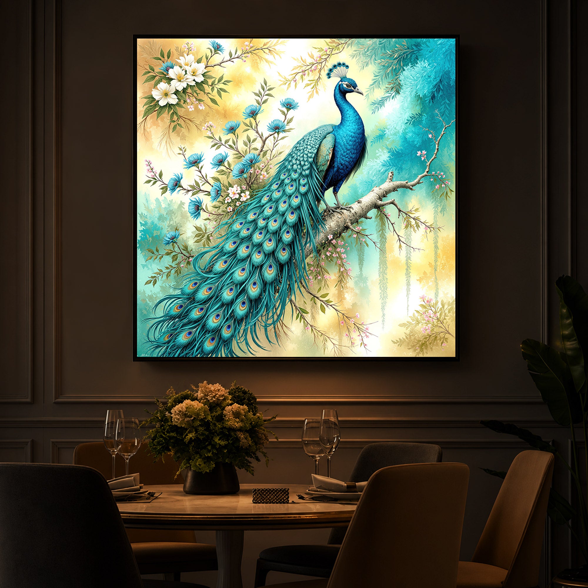 Peacock Perch Art Modern Luxury Backlight Square Wall Art
