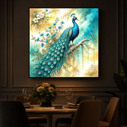 Peacock Perch Art Modern Luxury Backlight Square Wall Art