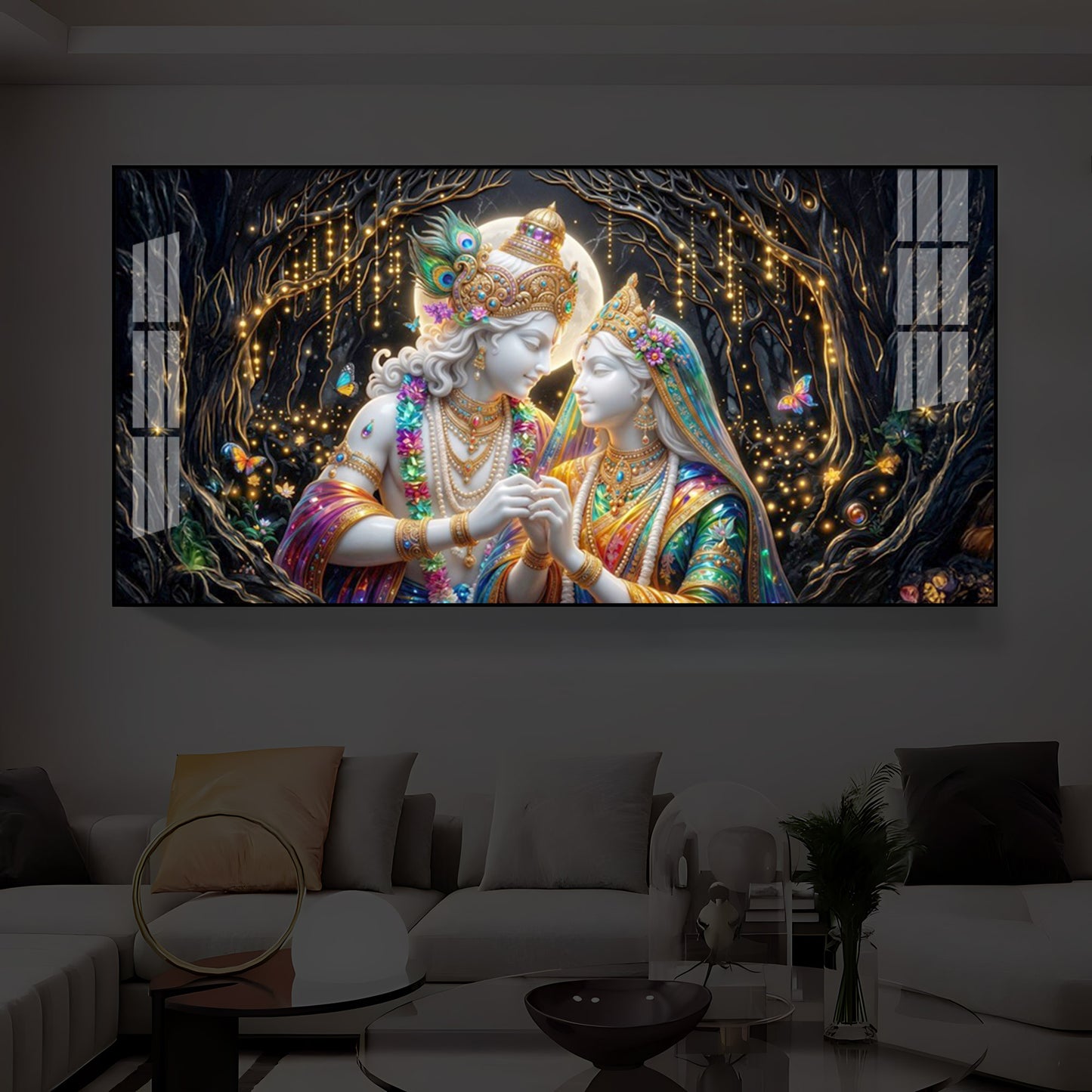 Spiritual Moonlight Radha Krishna Modern Luxury Backlight Horizontal Wall Art