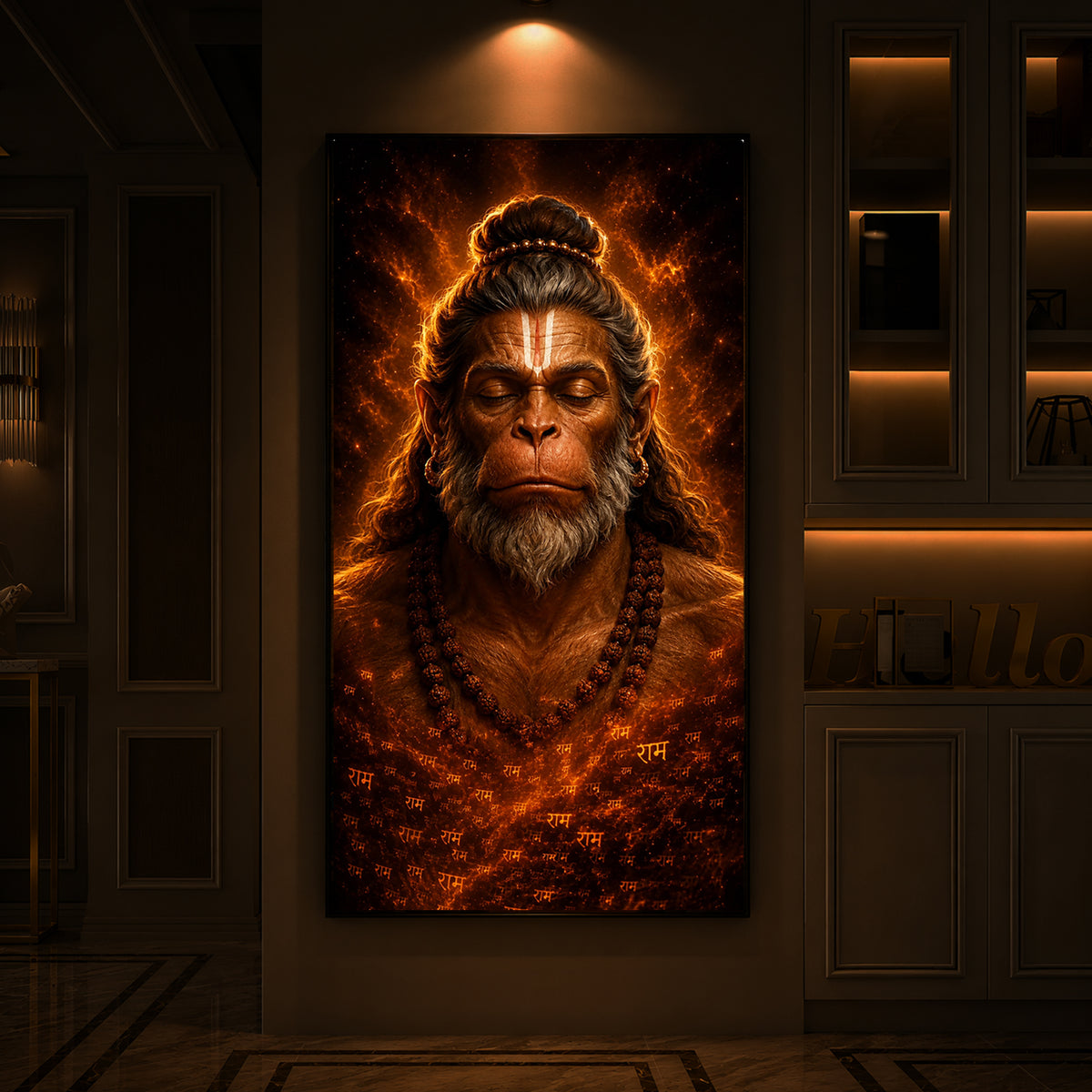 Divine Bajrangbali Meditating Modern Luxury Backlight Vertical Wall Art