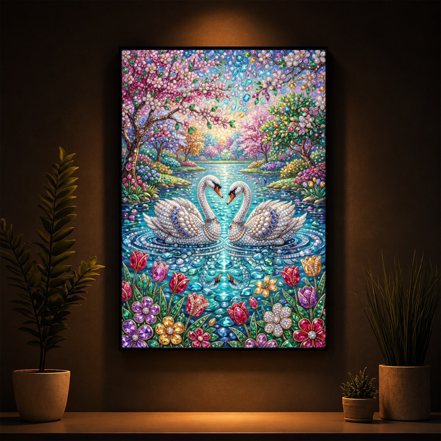 Pair Of Swans Modern Luxury Backlight Vertical Wall Art