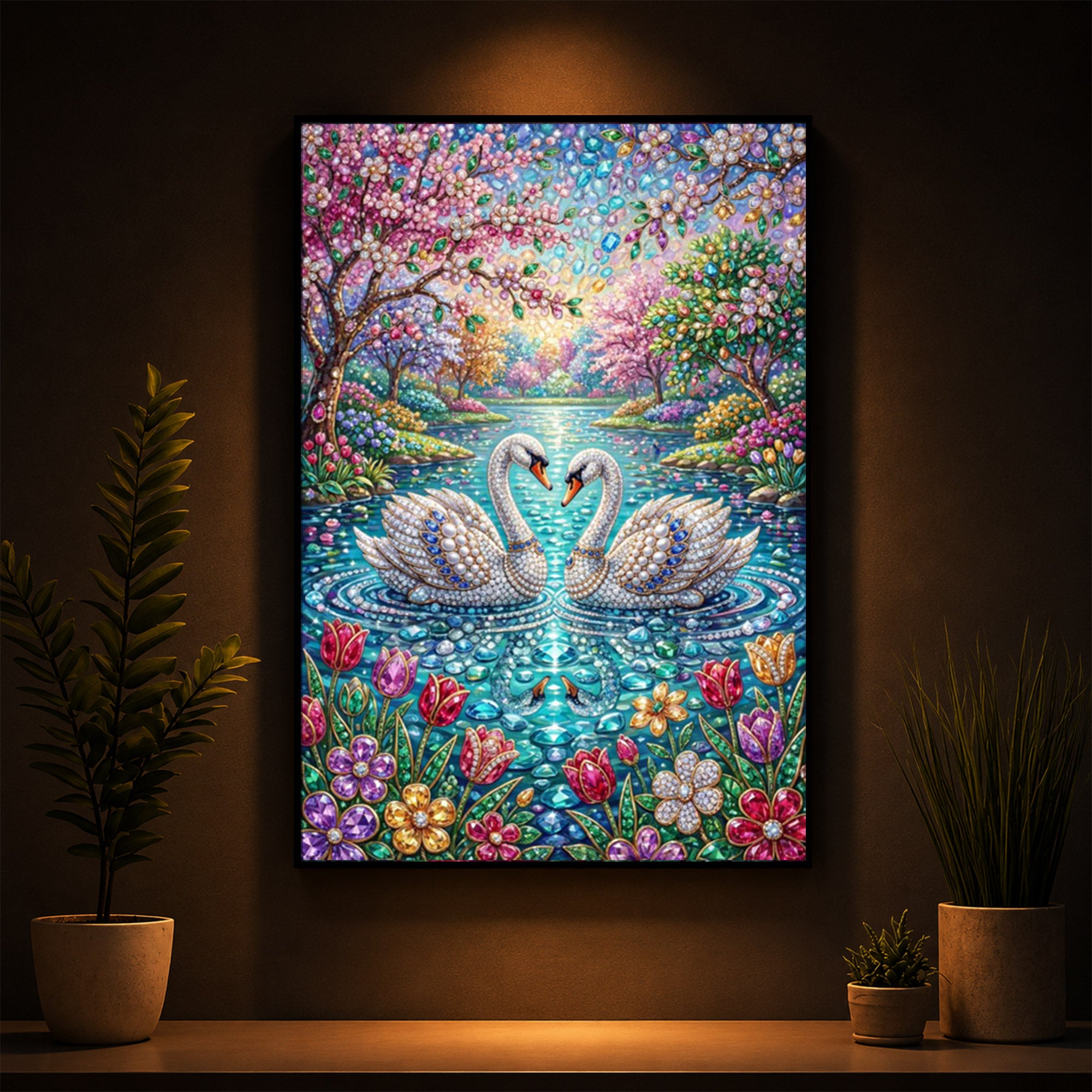 Pair Of Swans Modern Luxury Backlight Vertical Wall Art