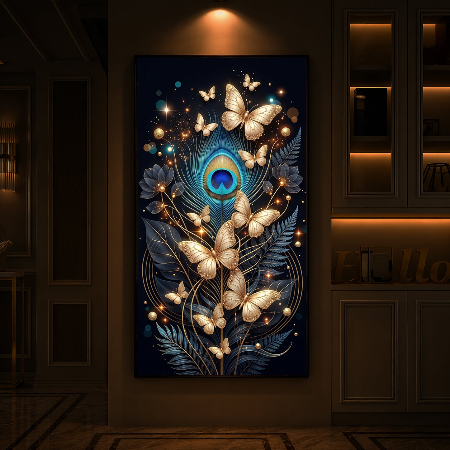 Golden Butterflies & Peacock Feather Modern Luxury Backlight Vertical Wall Art