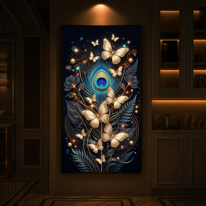 Golden Butterflies & Peacock Feather Modern Luxury Backlight Vertical Wall Art