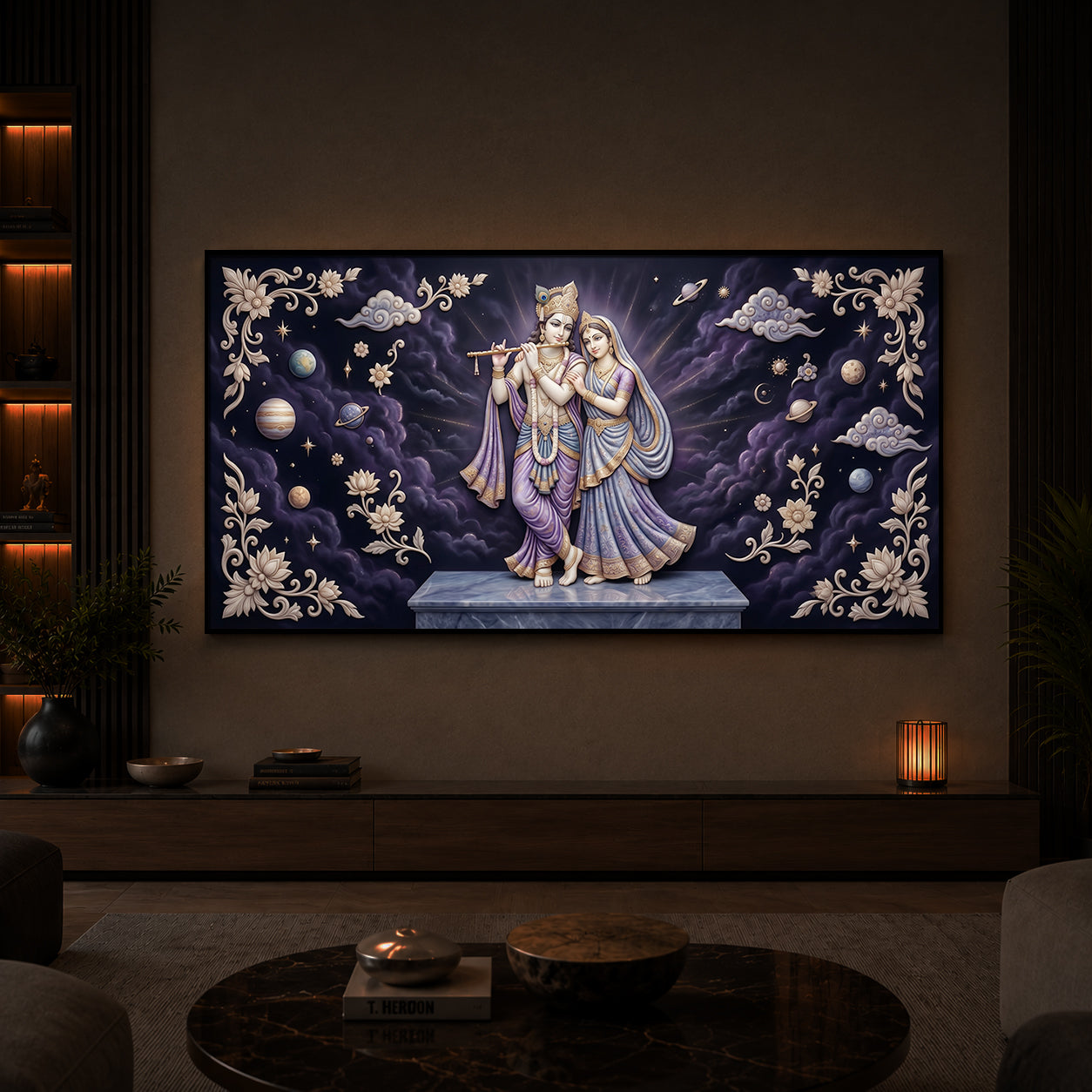 Radha Krishna With Purple Background Modern Luxury Backlight Horizontal Wall Art