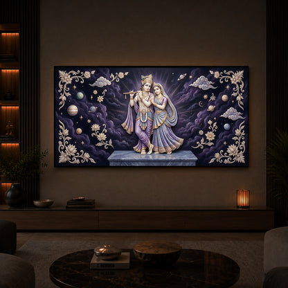 Radha Krishna With Purple Background Modern Luxury Backlight Horizontal Wall Art