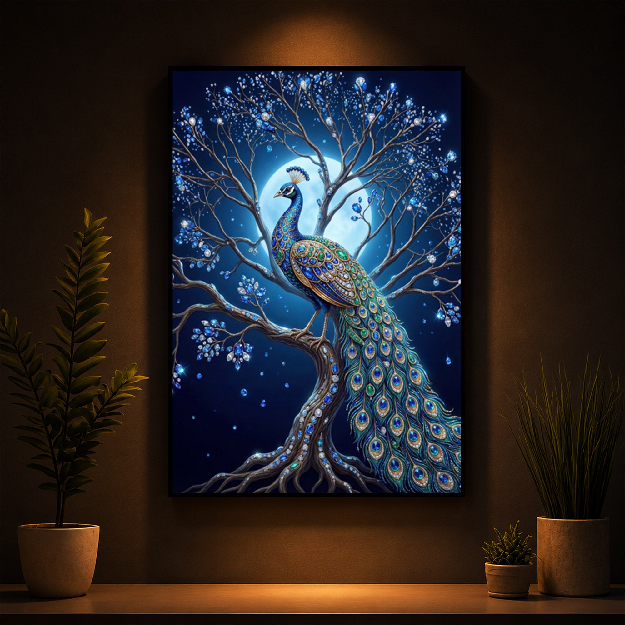 Blue Peacock Modern Luxury Backlight Vertical Wall Art