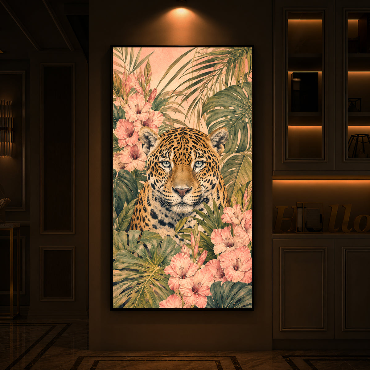 Tropical Jaguar & Flora Modern Luxury Backlight Vertical Wall Art