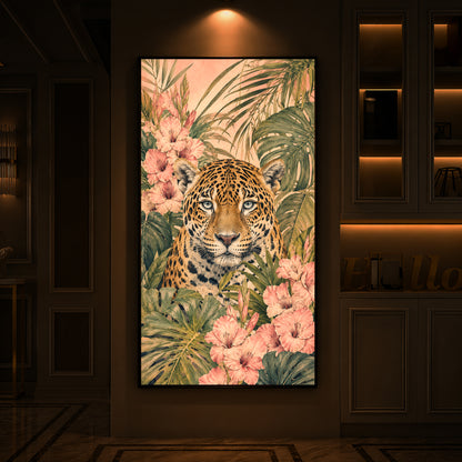 Tropical Jaguar & Flora Modern Luxury Backlight Vertical Wall Art