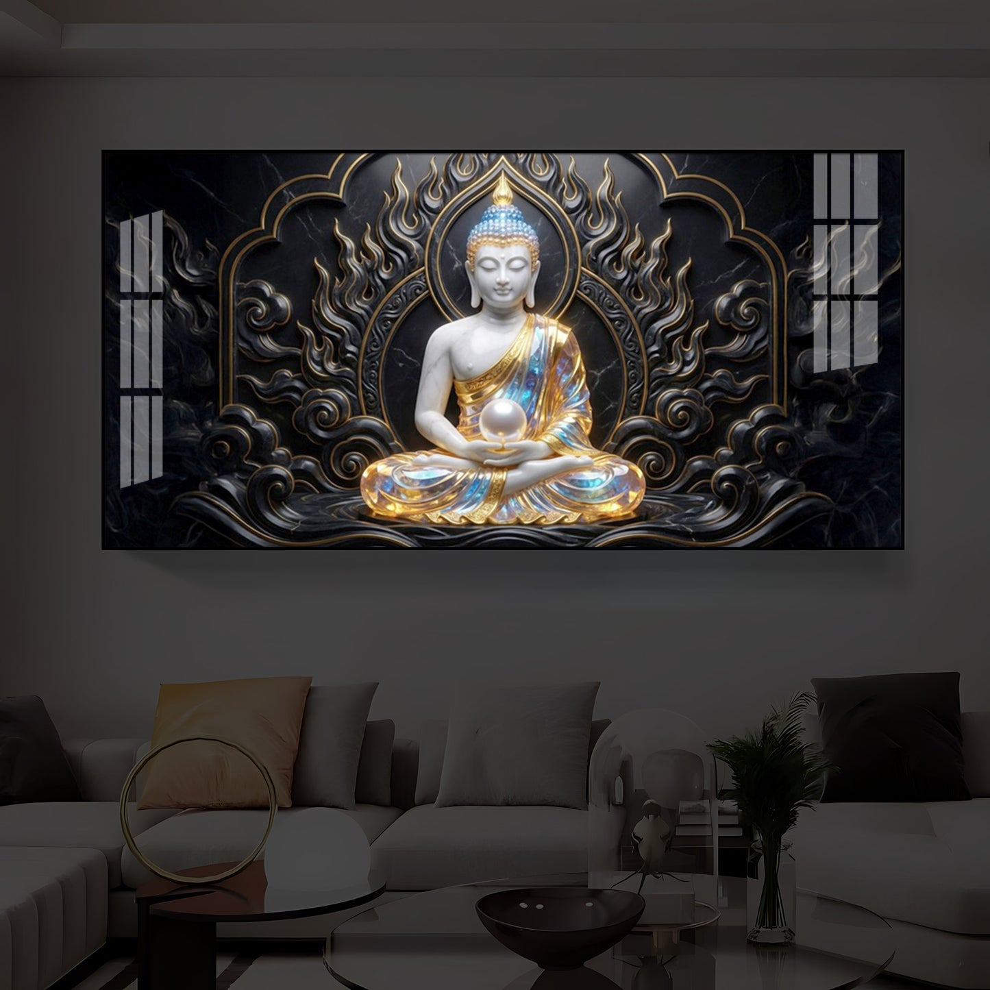 Meditating Buddha Modern Luxury Backlight Horizontal Wall Art