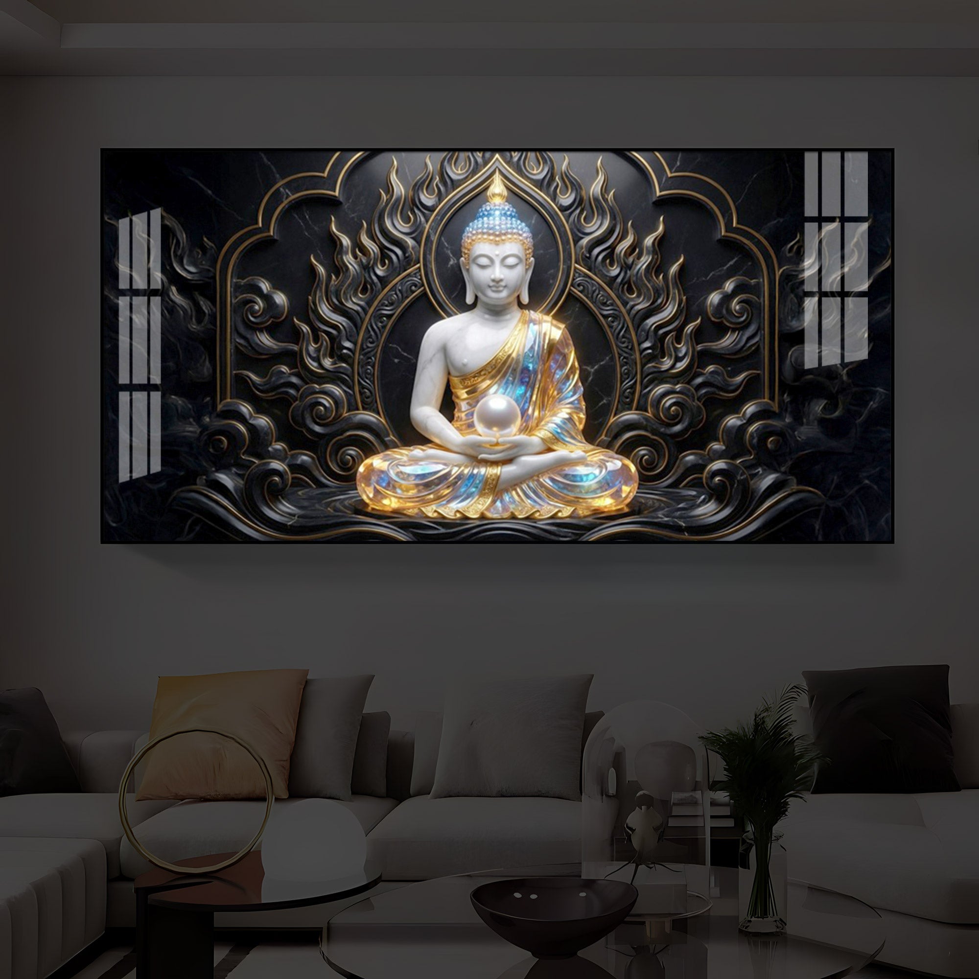 Meditating Buddha Ji Modern Luxury Backlight Horizontal Wall Art