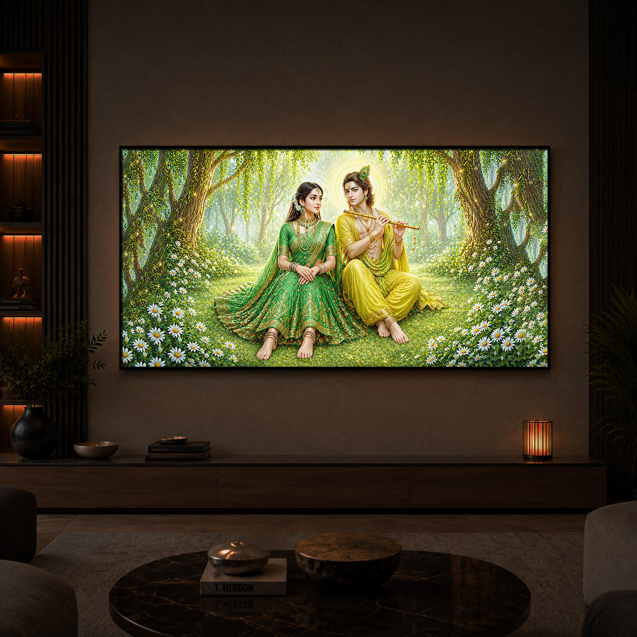 Divine Love Radhe Krishna Modern Luxury Backlight Horizontal Wall Art