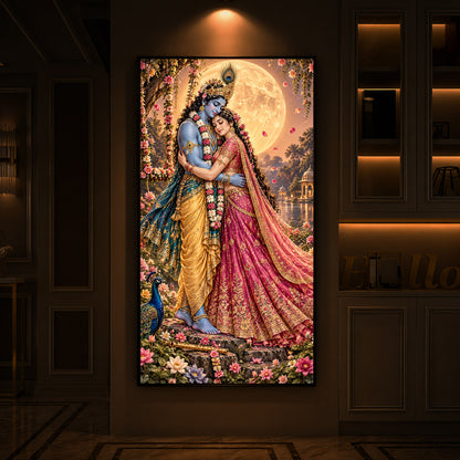 Divine Love of Krishna Radha Modern Luxury Backlight Vertical Wall Art