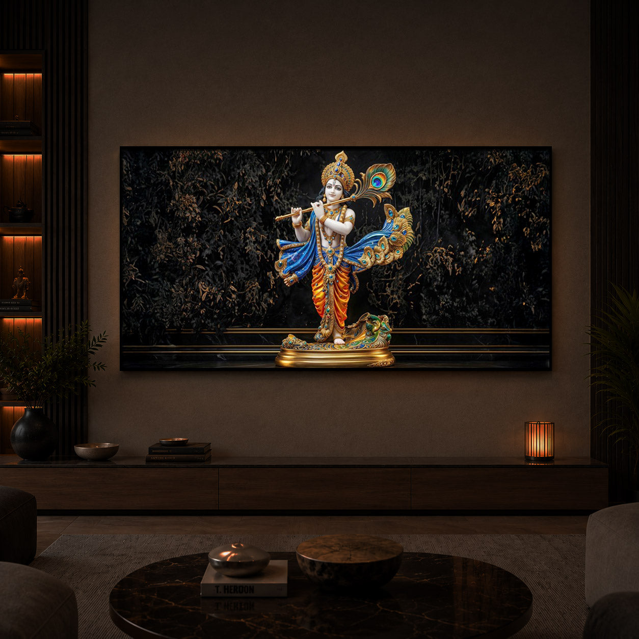 Lord Krishna With Flute Modern Luxury Backlight Horizontal Wall Art
