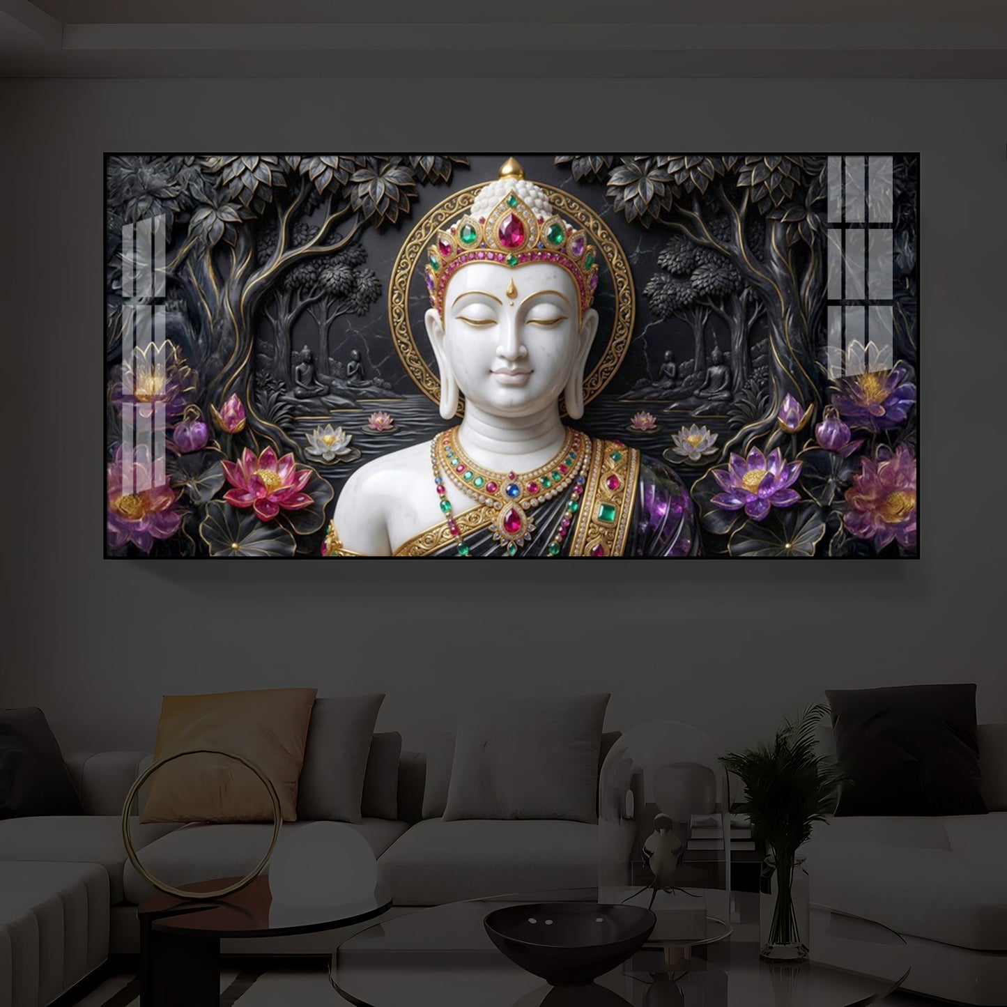 Lotus Serenity Lord Buddha Modern Luxury Backlight Horizontal Wall Art