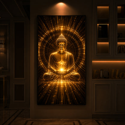 Golden Buddha Meditation Posture Modern Luxury Backlight Vertical Wall Art