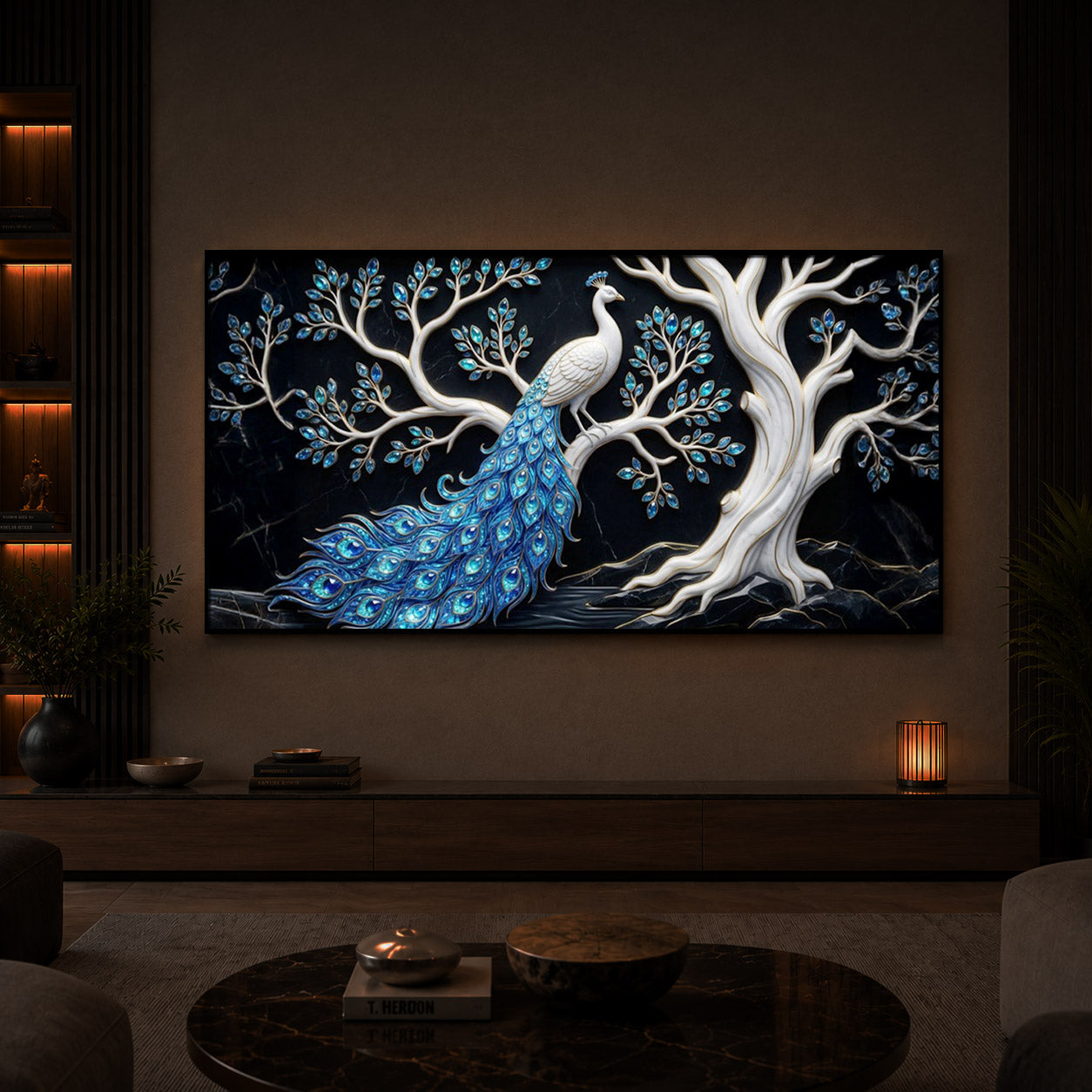 Peacock With Blue Feather Modern Luxury Backlight Horizontal Wall Art