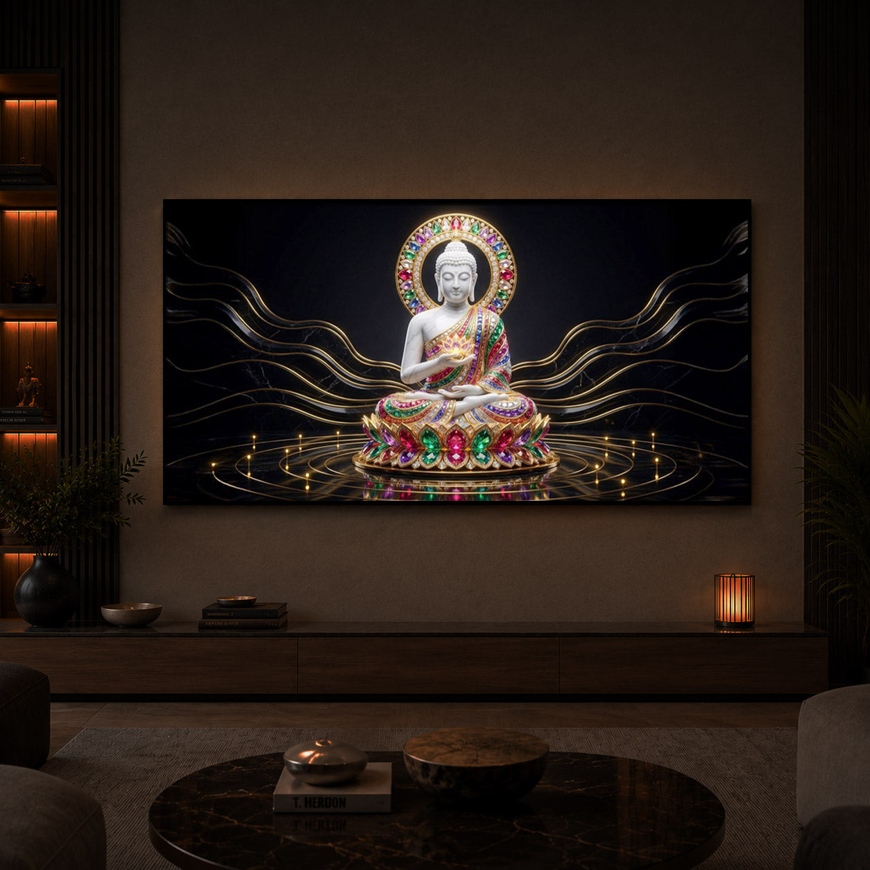 White Buddha Statue Modern Luxury Backlight Horizontal Wall Art