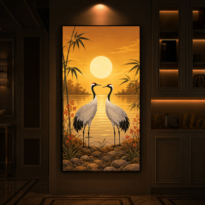 Sunset Crane Pair Modern Luxury Backlight Vertical Wall Art