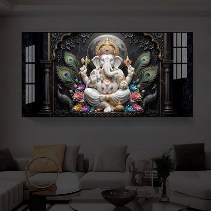 Lord Ganesha With Peacock Feather Modern Luxury Backlight Horizontal Wall Art