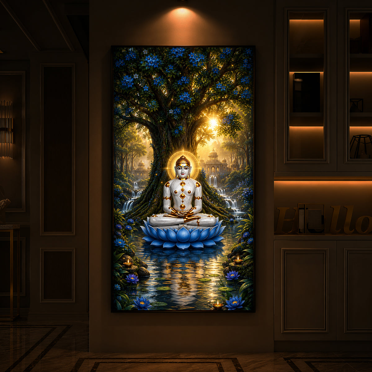 Divine Bhagwan Mahavir On Blue Lotus Modern Luxury Backlight Vertical Wall Art