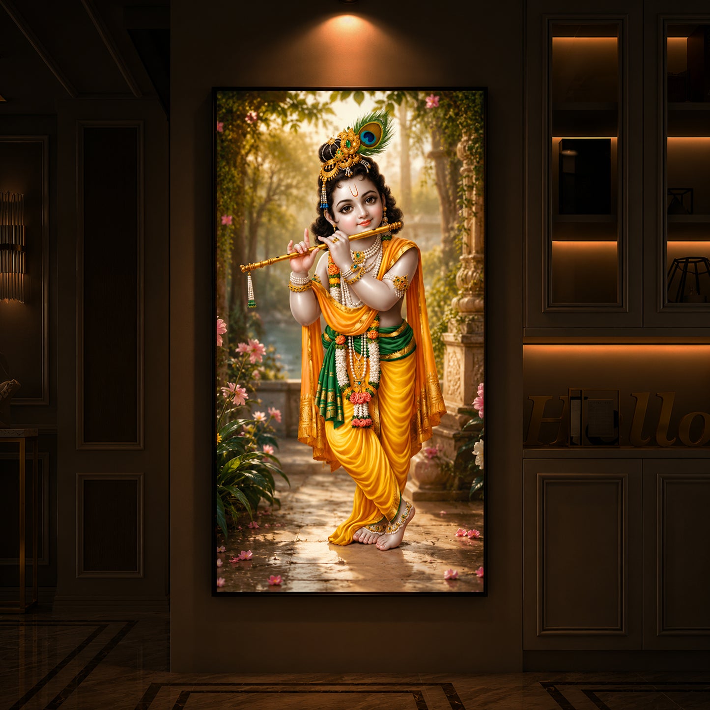 Bal Krishna Playing The Flute Modern Luxury Backlight Vertical Wall Art