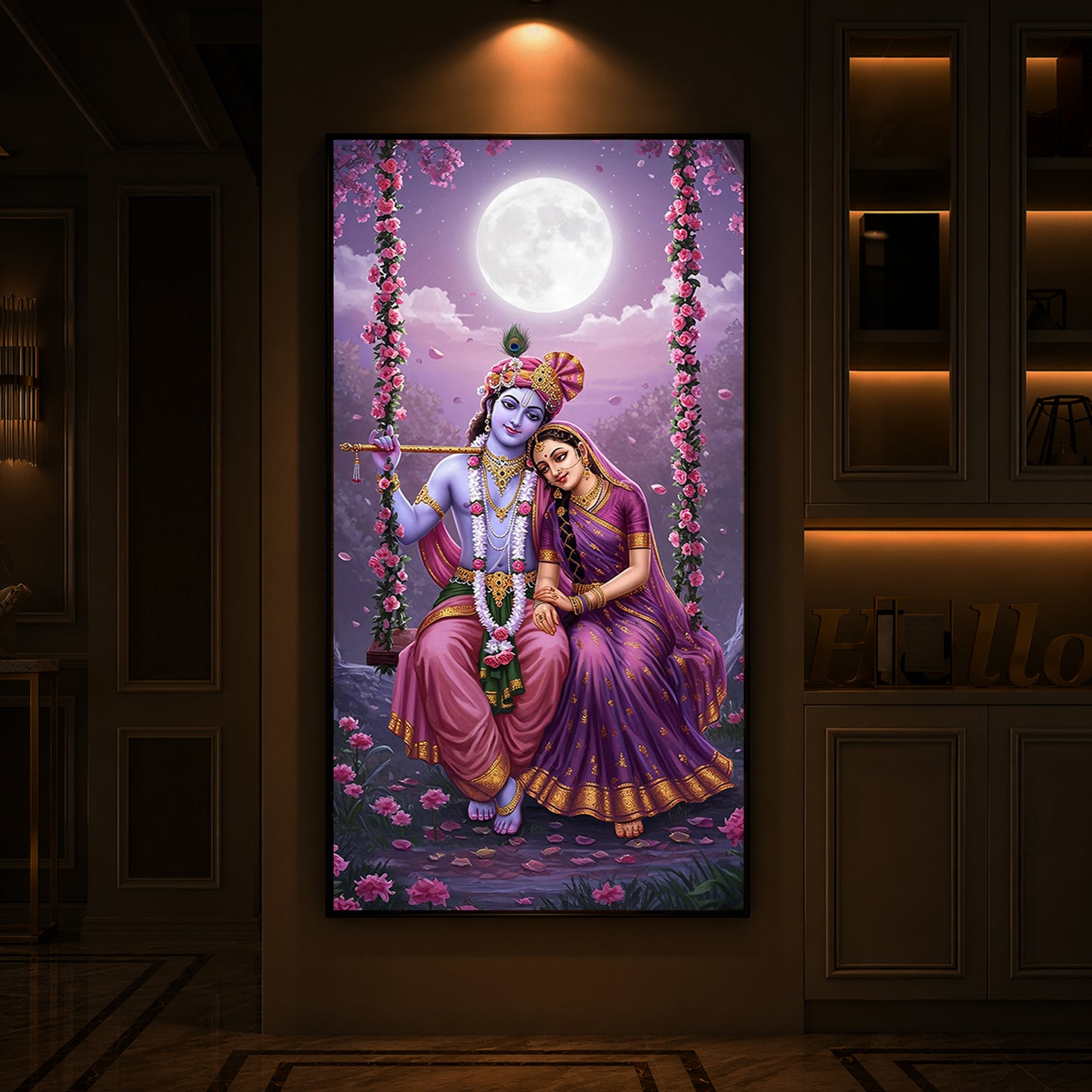 Loving Radha Krishna Modern Luxury Backlight Vertical Wall Art